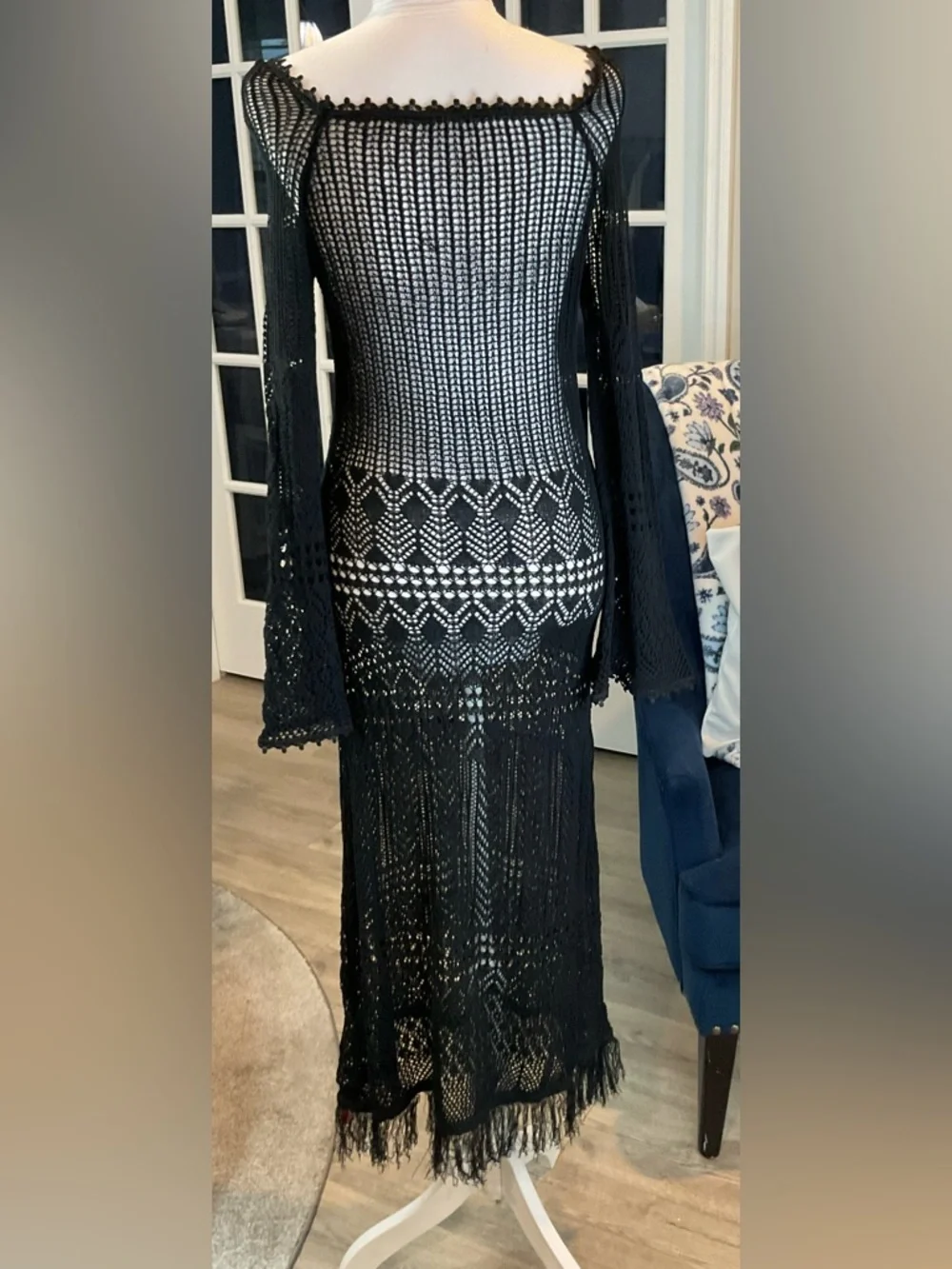 Cider Black Crochet Open Knit Maxi Dress Long Flare Slv., Fringe Hem Size M NWT - Picture 6 of 13